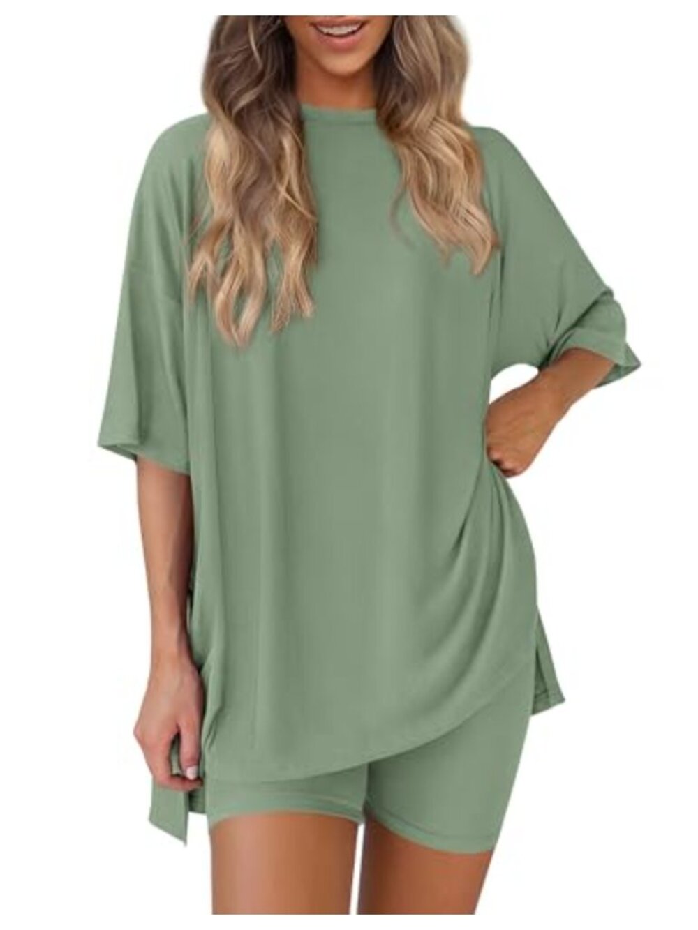 2 Piece Lounge Set Oversized Tee Biker Shorts High Waisted with Pockets Summer